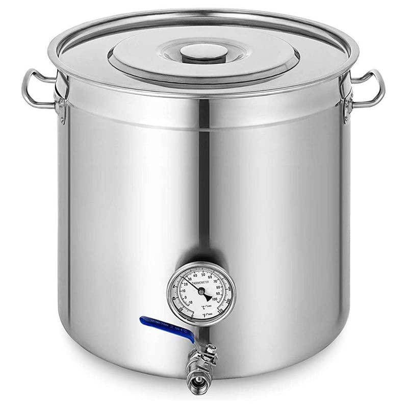 AIZYR Home Brewery Machine Heavy Duty Stainless Steel Stock Pot with Lid, Valve, Thermometer Stock Pot Cookware Boiling Bucket Container,35x35cm