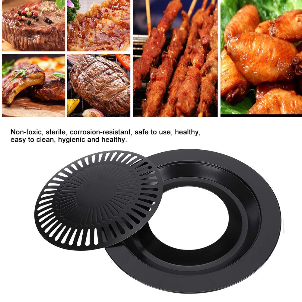 Korean Traditional BBQ Grill Pan, Black Nonstick Grill Pan, Smokeless Round Grill Pan Household Barbecue Pan Indoor Iron Barbecue Pan BBQ Roasting Tray Kitchen Utensils