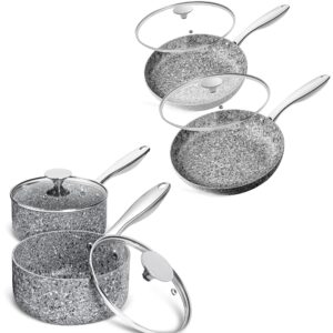 michelangelo saucepan set with lid, nonstick 1qt & 2qt nonstick sauce pan set with lid, small pot with lid, nonstick granite saucepan set & frying pan set with lid 8"+10