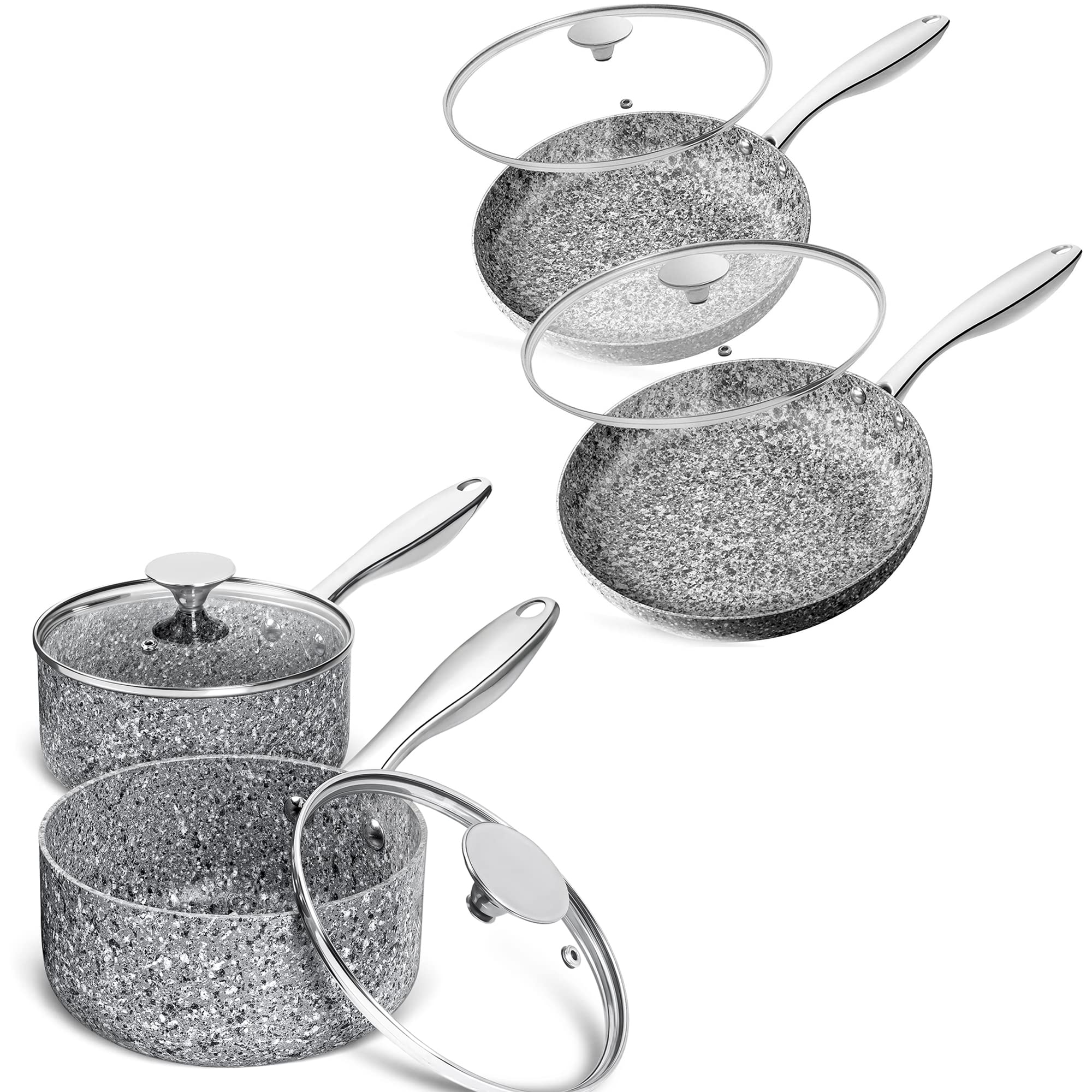 MICHELANGELO Saucepan Set with Lid, Nonstick 1Qt & 2Qt Nonstick Sauce Pan Set with Lid, Small Pot with Lid, Nonstick Granite Saucepan Set & Frying Pan Set with Lid 8"+10