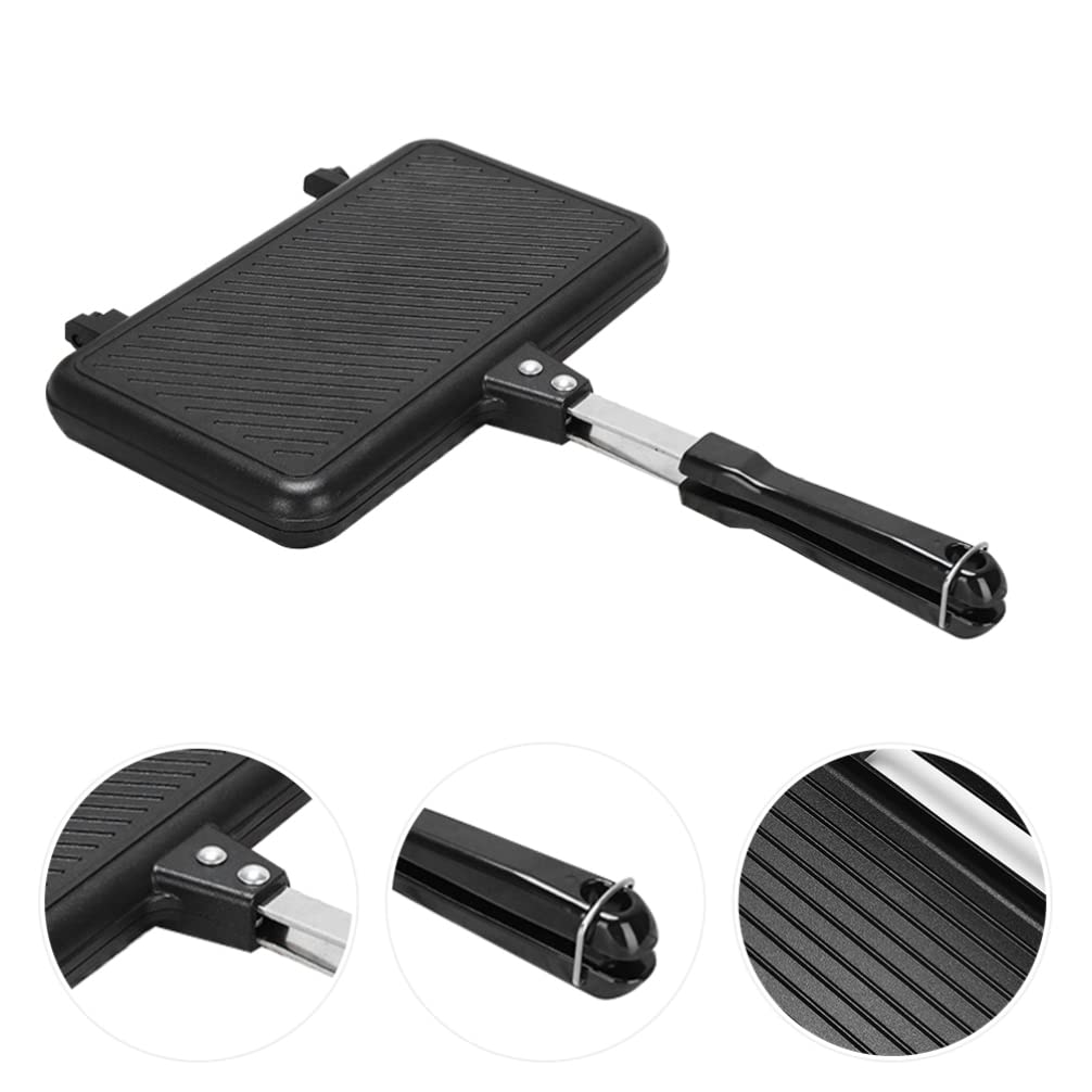 Hemoton Breakfast Sandwich Maker Double- sided Frying Pan, Non- stick Coating Grill Pan- Foldable Grill Frying Pan with - Handles for Bread Toast Breakfast Pancake Double Sided Pan