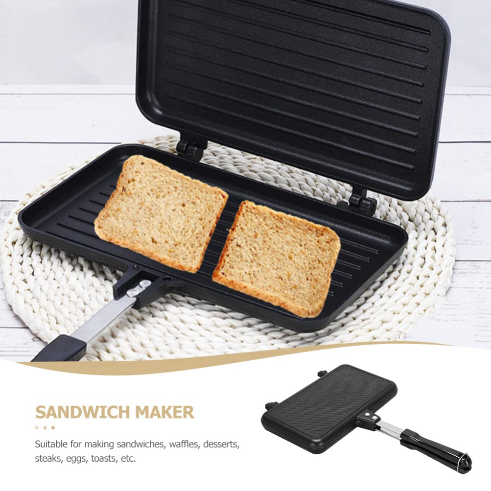 Hemoton Breakfast Sandwich Maker Double- sided Frying Pan, Non- stick Coating Grill Pan- Foldable Grill Frying Pan with - Handles for Bread Toast Breakfast Pancake Double Sided Pan