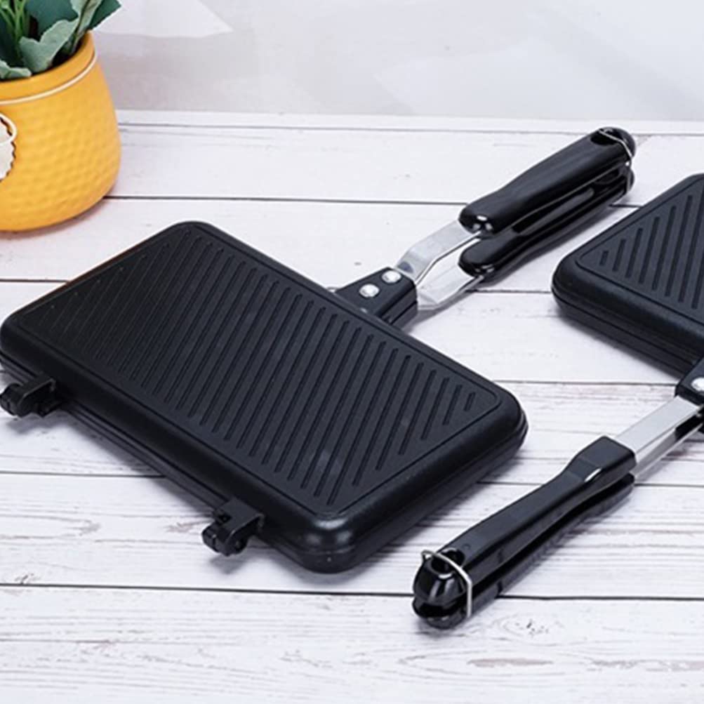 Hemoton Breakfast Sandwich Maker Double- sided Frying Pan, Non- stick Coating Grill Pan- Foldable Grill Frying Pan with - Handles for Bread Toast Breakfast Pancake Double Sided Pan