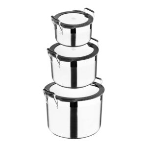 masterpro - smart - nesting stainless steel collection - 3 piece stock pot set – 13.2 quart, 7.3 quart, 3.6 quart - safe for all stove types - fast heating - tempered glass flat lid