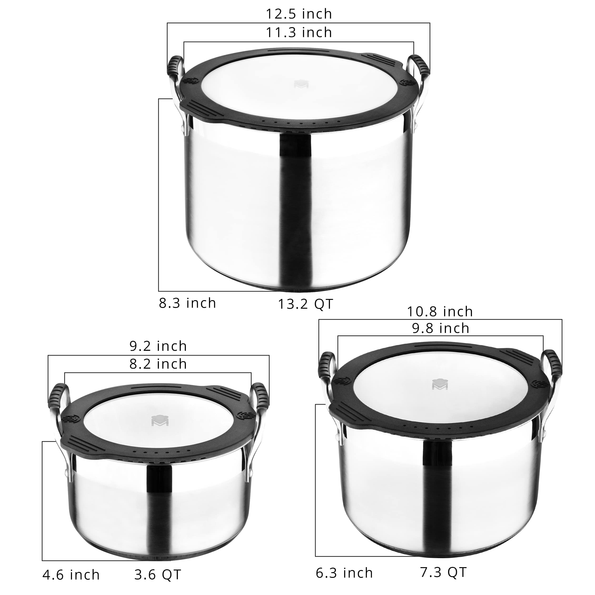 MasterPRO - Smart - Nesting Stainless Steel Collection - 3 Piece Stock Pot Set – 13.2 Quart, 7.3 Quart, 3.6 Quart - Safe for All Stove Types - Fast Heating - Tempered Glass Flat Lid