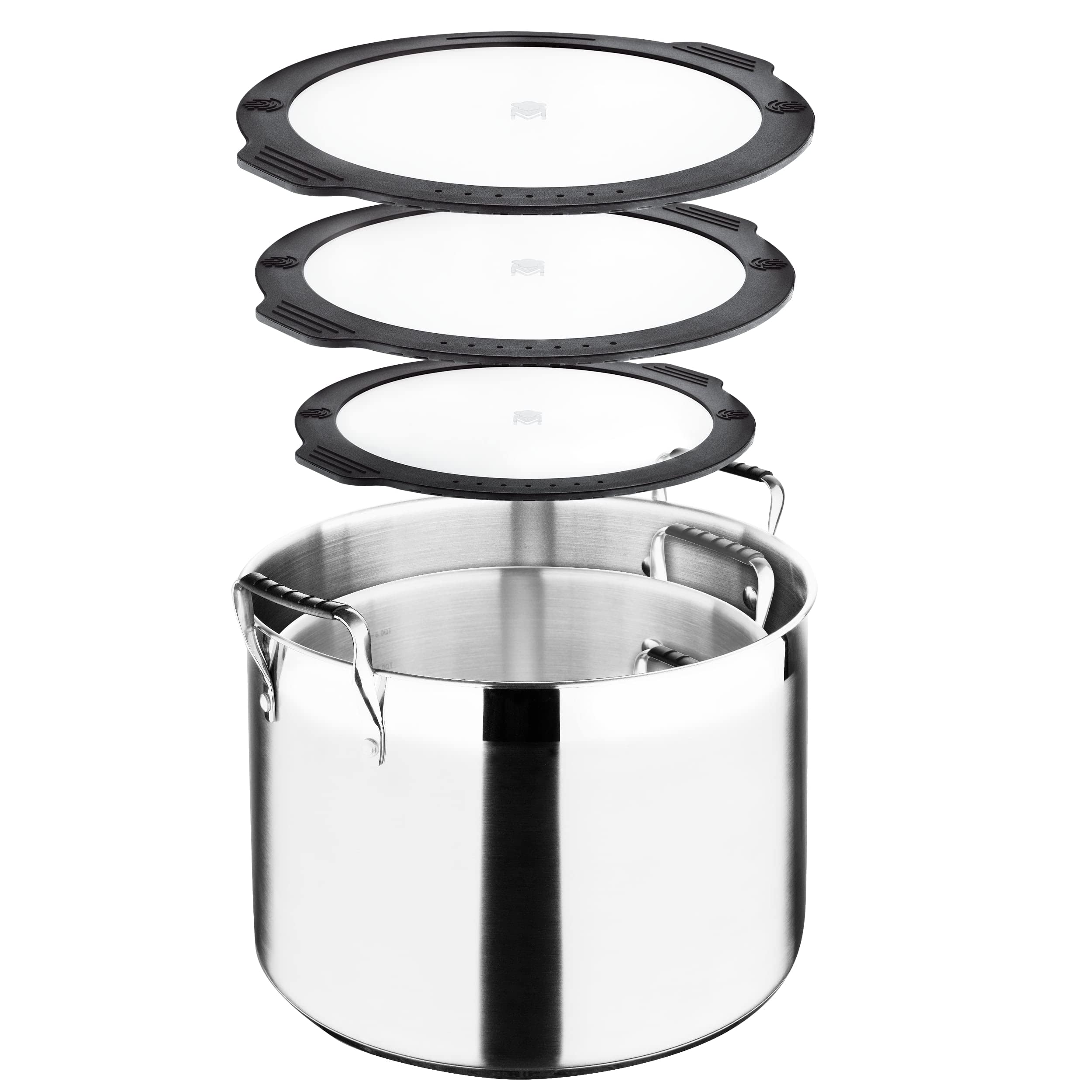MasterPRO - Smart - Nesting Stainless Steel Collection - 3 Piece Stock Pot Set – 13.2 Quart, 7.3 Quart, 3.6 Quart - Safe for All Stove Types - Fast Heating - Tempered Glass Flat Lid