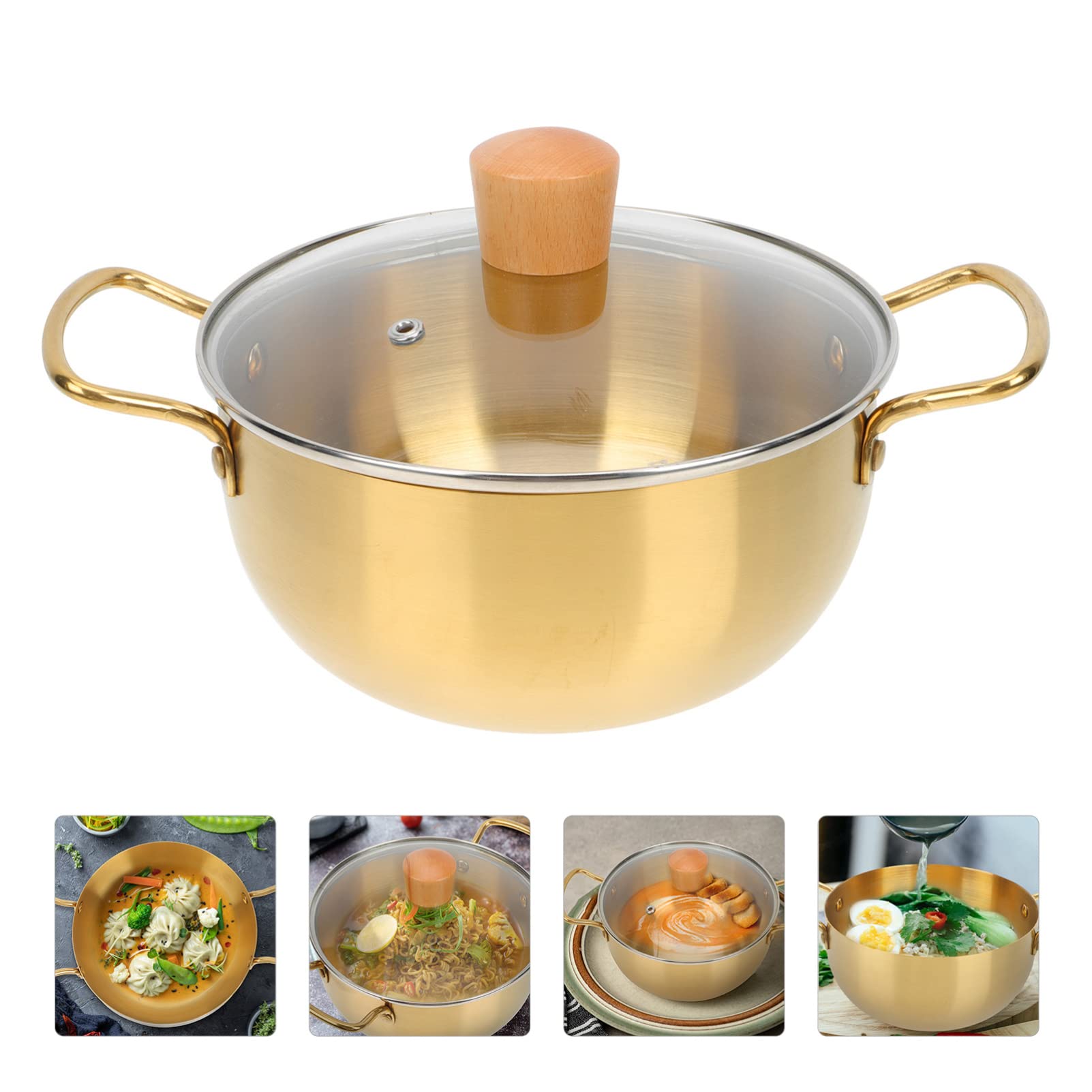 YARDWE 1 Set Ramen Pot Double Handle Milk Pot Instant Cooker Butter Melting Pot Hot Pot Korean Ramen Soup Pot with Lid Noodle Cooking Pot Stainless Steel Outdoor Casserole