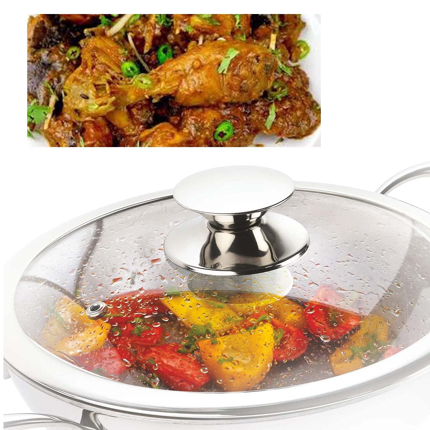 SRIYUG Tripple with Stainless Steel Deep Kadhai Cookware Triply Stainless Steel Wok Pan With Glass Lid
