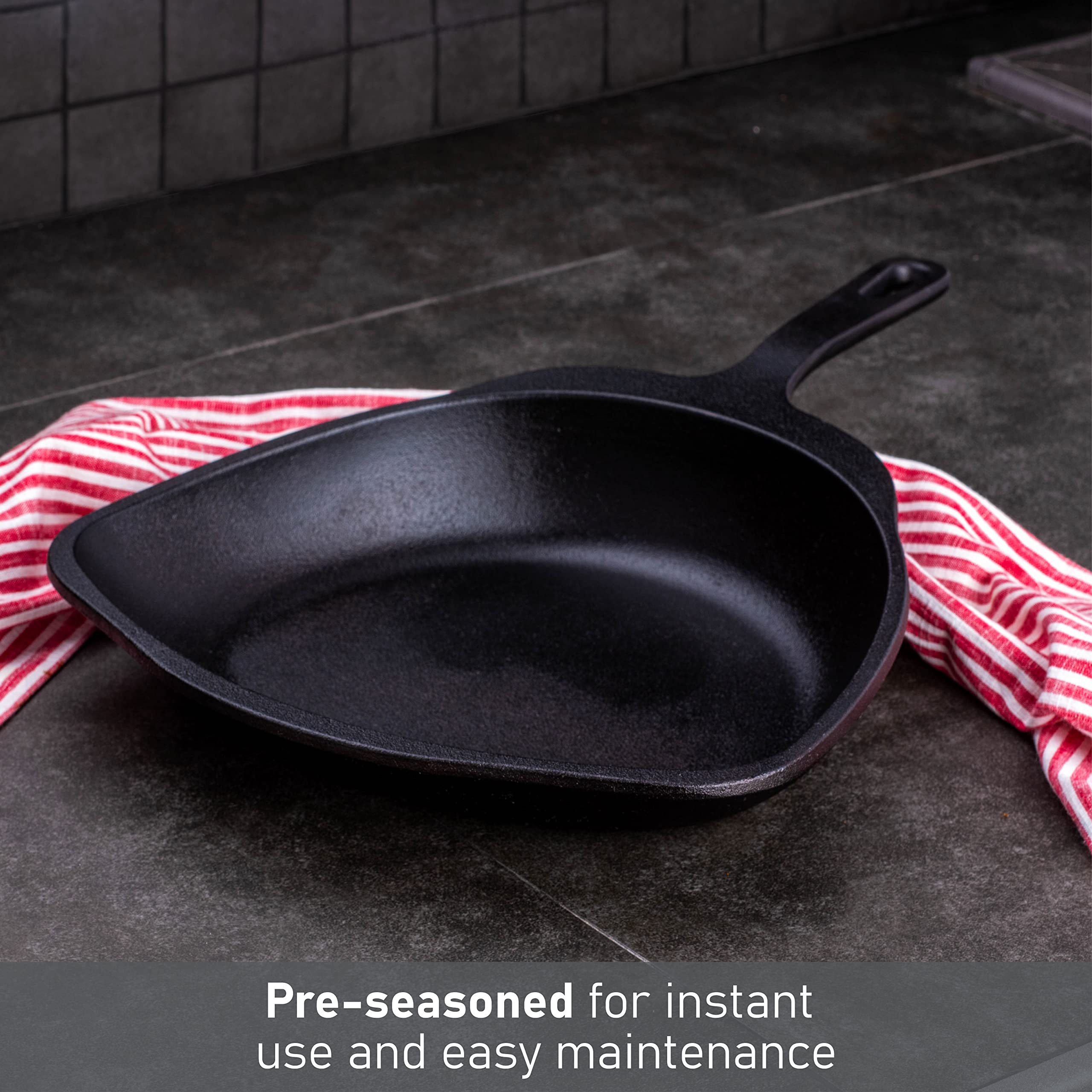 MasterPRO Pre-Seasoned Cast Iron Skillet - Unique Cooking, Saute and Frying Pan for Indoor and Outdoor Use – BBQ Grill, Fire, Oven Safe Camping Cookware, 11” Griddle, Black