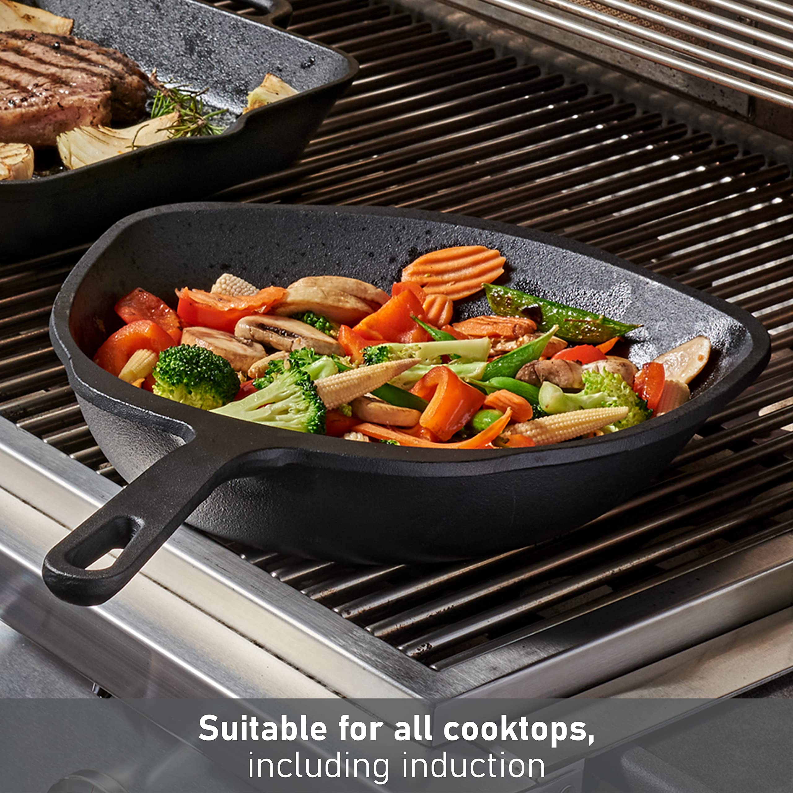 MasterPRO Pre-Seasoned Cast Iron Skillet - Unique Cooking, Saute and Frying Pan for Indoor and Outdoor Use – BBQ Grill, Fire, Oven Safe Camping Cookware, 11” Griddle, Black