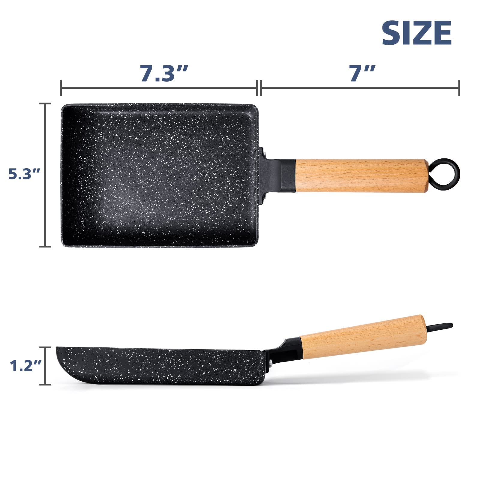 LISOS Tamagoyaki Pan Square Japanese Omelette Pan,Non-stick Egg Roll Pan,Rectangle Frying Pan Wood Handle,with Silicone Brush & Black silicone spatula,Black