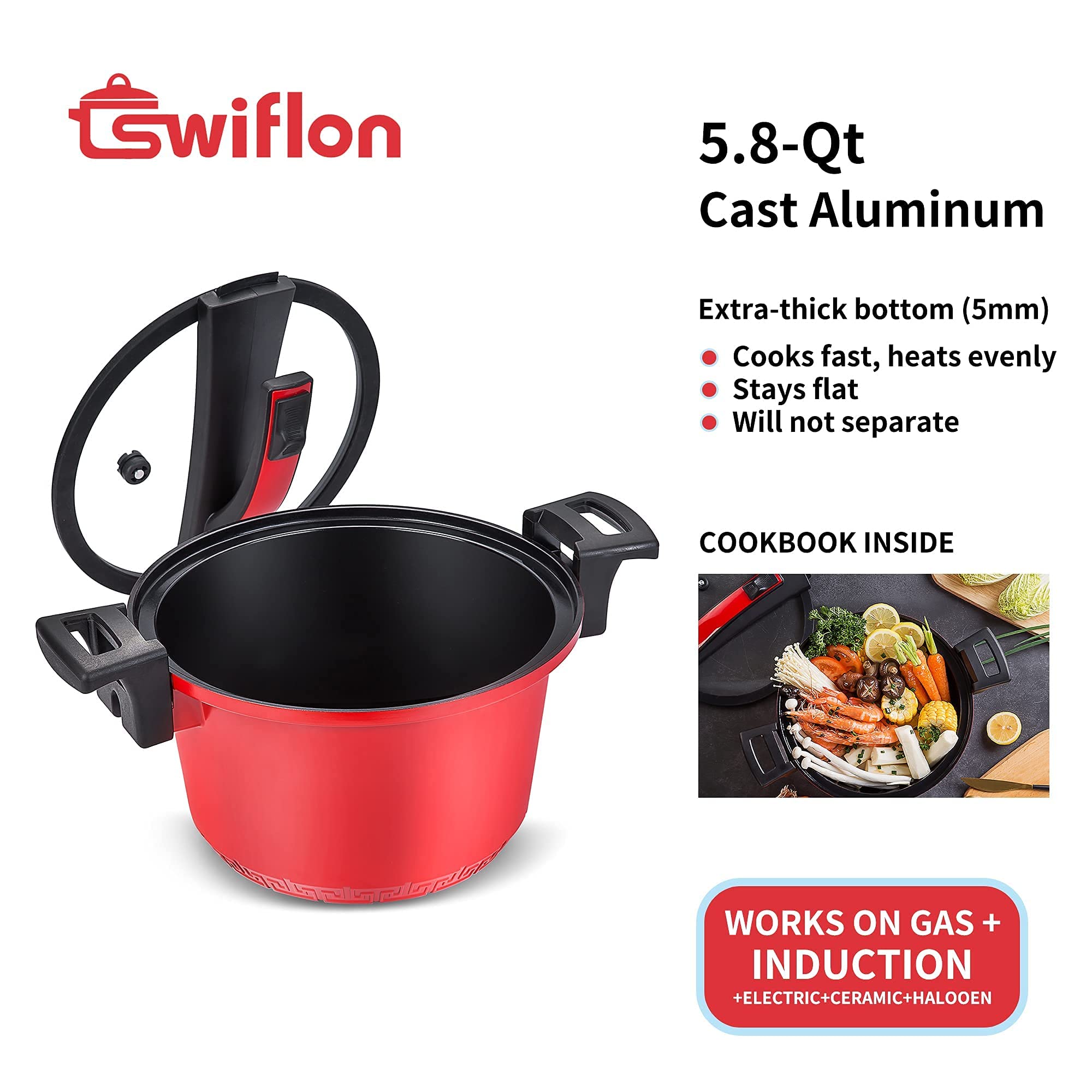 swiflon 5.8 Quart Nonstick Cast Aluminum Stock Pot, Cooking Pot with Easy Lock Low Pressure Lid, with Stainless Induction Base