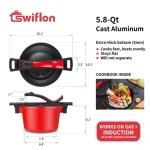 swiflon 5.8 Quart Nonstick Cast Aluminum Stock Pot, Cooking Pot with Easy Lock Low Pressure Lid, with Stainless Induction Base