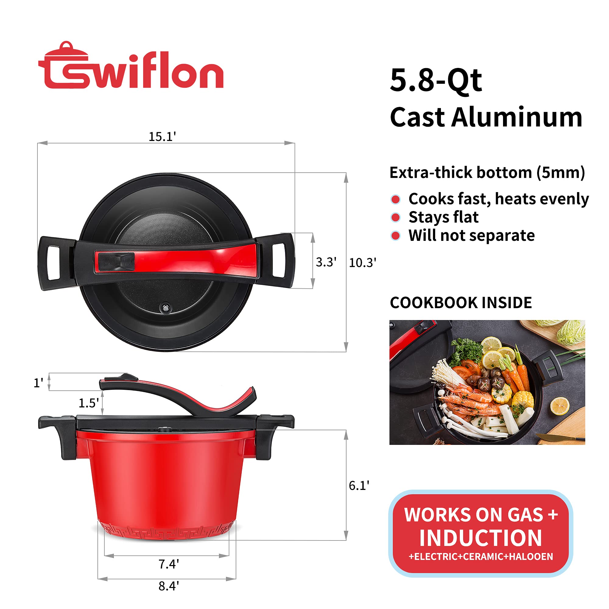 swiflon 5.8 Quart Nonstick Cast Aluminum Stock Pot, Cooking Pot with Easy Lock Low Pressure Lid, with Stainless Induction Base