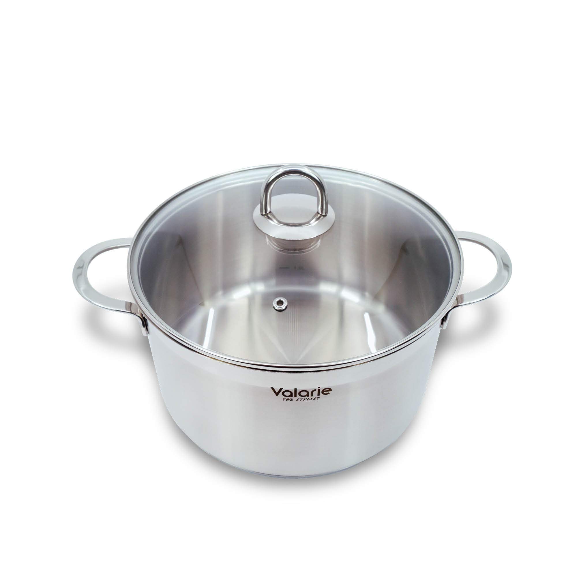 Valarie Korean Tri-Ply Aluminum Stainless Steel Cookware 24 CM 5.9-Quart QT Stockpot with Glass Lid, Multipurpose Use for Home Kitchen or Restaurant, Induction Cooker Compatible