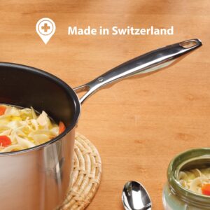 Swiss Diamond 2.1 Quart Stainless Steel Nonstick Saucepan, Induction Compatible Skillet with Tempered Glass Lid, Dishwasher and Oven Safe