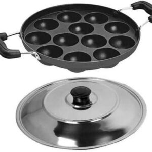 CREW4 Aluminium, Non-Stick Appam Patra Rolux Red Ponganalu Maker Paniarakkal Pan Paniyarakkal with Lid