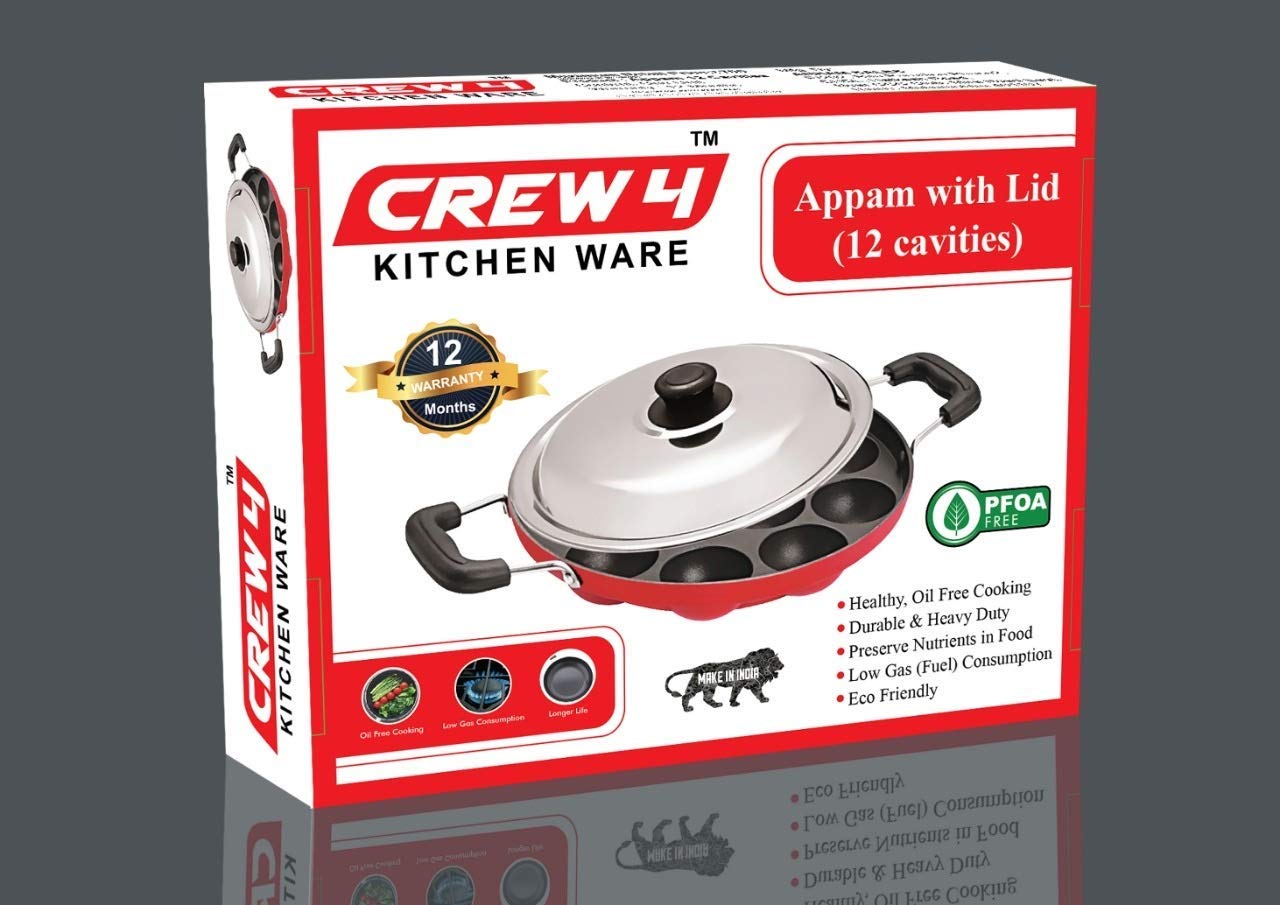 CREW4 Aluminium, Non-Stick Appam Patra Rolux Red Ponganalu Maker Paniarakkal Pan Paniyarakkal with Lid