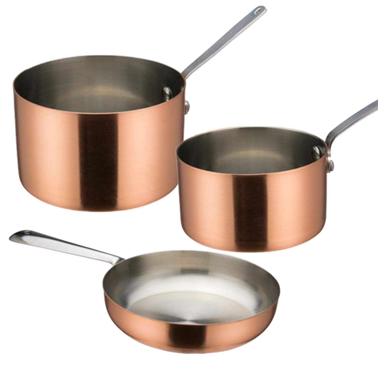 Tiger Chef Small Copper Pot Set- 5.5 inch Egg Pan, 28 Ounce Sauce Pan (.875 Quart), 10 Ounce Saucepan (.31 Quart)- Copper Plated Mini Stainless Steel Single Serve Pots for Cooking and Serving