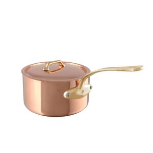 mauviel m'200 b 2mm polished copper & stainless steel sauce pan with lid, and brass handles, 1.8-qt, made in france