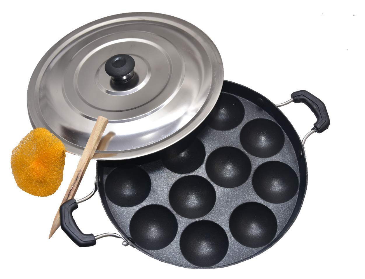 SRIYUG Non Stick Appam Maker 12 Cavity Appam Patra Pan with 2 Side Handle And Stainless Steel Lid