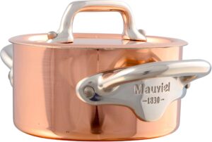 mauviel m'minis 1 mm copper & stainless steel mini stewpan with lid and stainless steel handles, 3.5-in, made in france