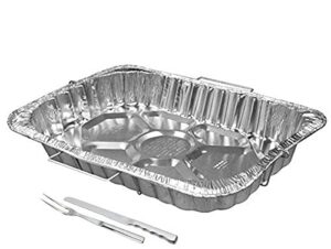 tiger chef 1-pack, disposable durable aluminum large rectangle turkey roasting pan with handle rack, includes stainless steel meat knife and fork, extra large size 18 x 15.25 x 2.5 inches deep