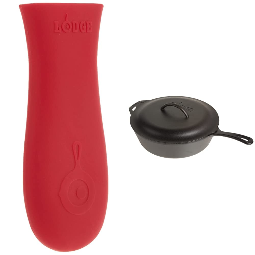 Lodge 5-Quart Pre-Seasoned Cast Iron Deep Skillet and Cover with Red Silicone Hot Handle Holder