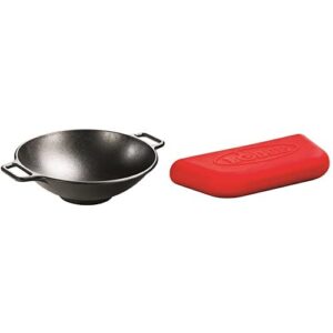 lodge bold 14 inch seasoned cast iron wok; design-forward cookware & silicone bold assist handle holder, red