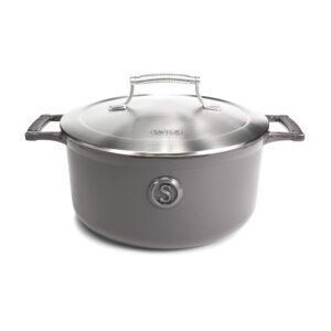 saveur selects enameled cast iron casserole, 5-quart dutch oven with double-walled stainless steel lid, rabbit grey, voyage series