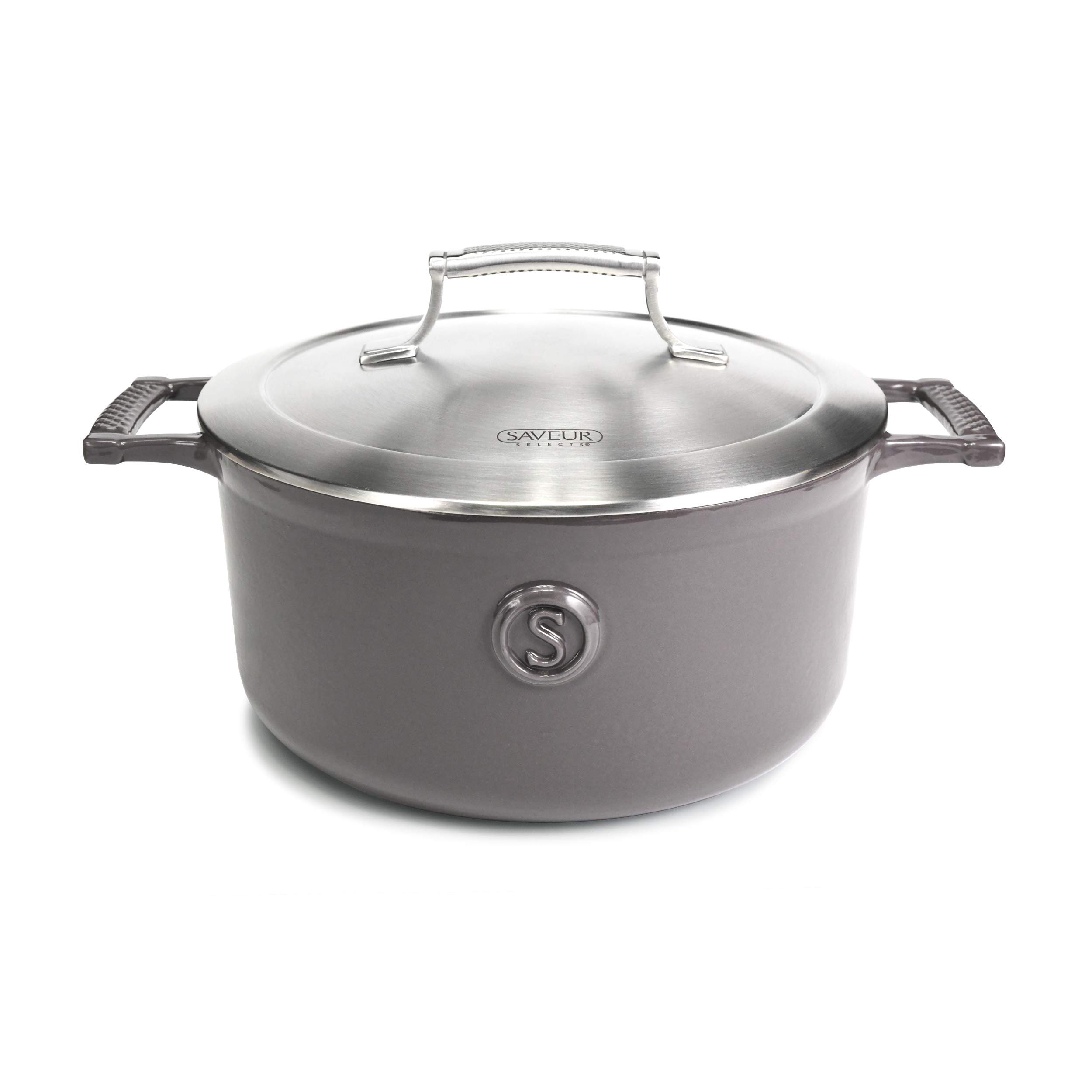 SAVEUR SELECTS Enameled Cast Iron Casserole, 5-Quart Dutch Oven with Double-walled Stainless Steel Lid, Rabbit Grey, Voyage Series