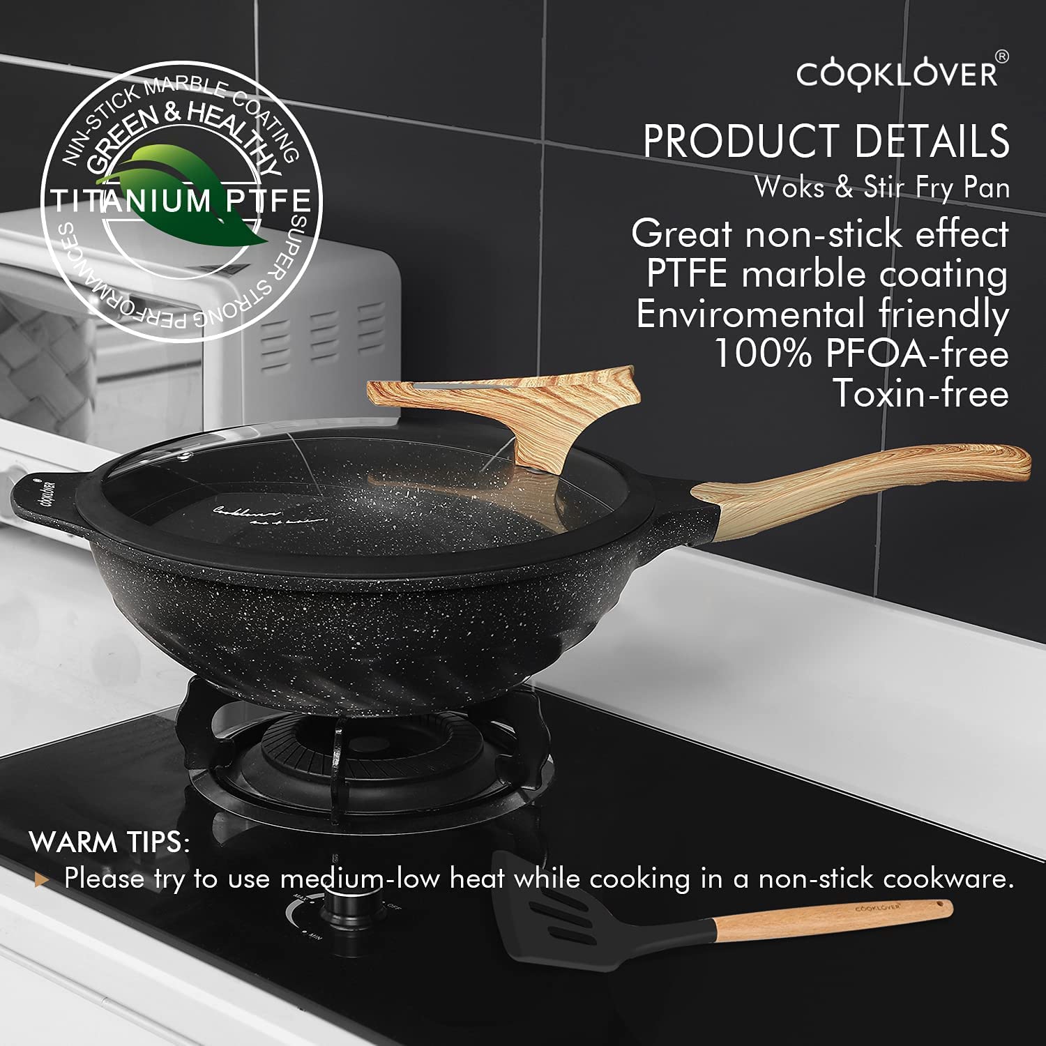 COOKLOVER Nonstick Induction Wok-12.6inch& 9.5 inch Nonstick Stir Fry Pan with Lid – Black