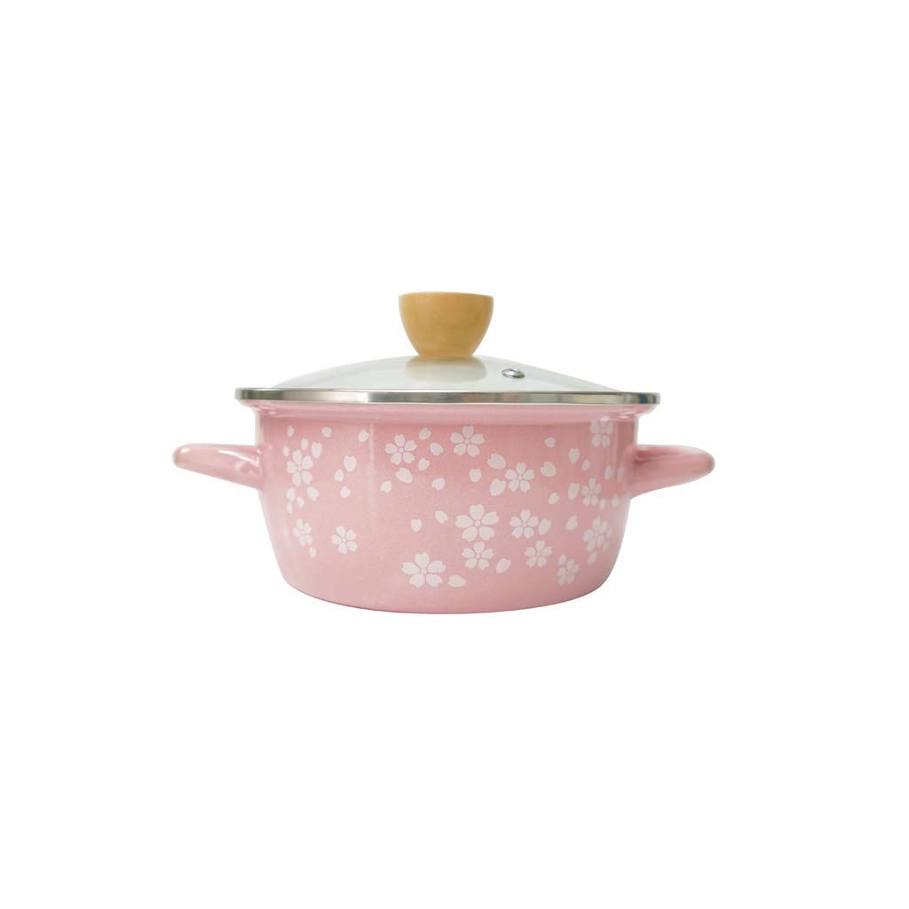 TJLSS Enamel Soup Pot with Lid Household Milk Pot Noodle Pot Binaural Cherry Blossom Powder