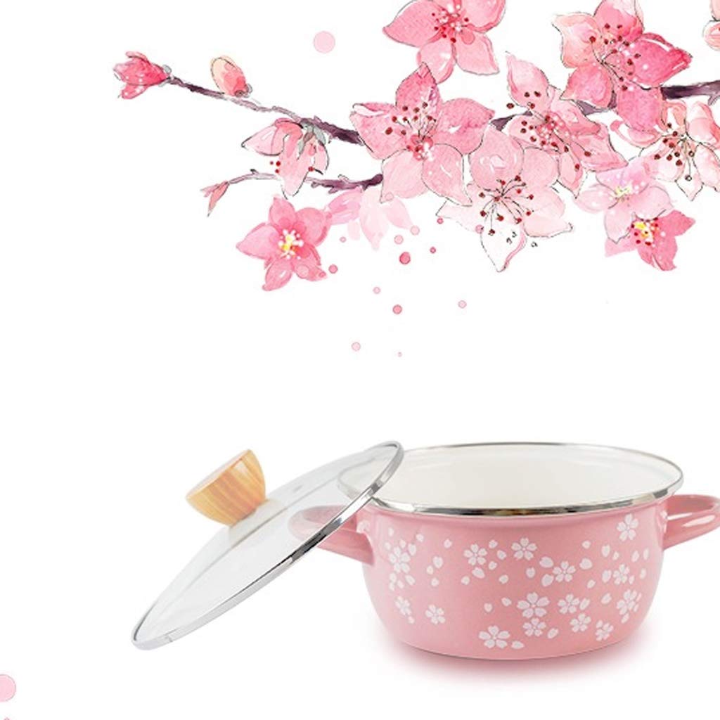 TJLSS Enamel Soup Pot with Lid Household Milk Pot Noodle Pot Binaural Cherry Blossom Powder