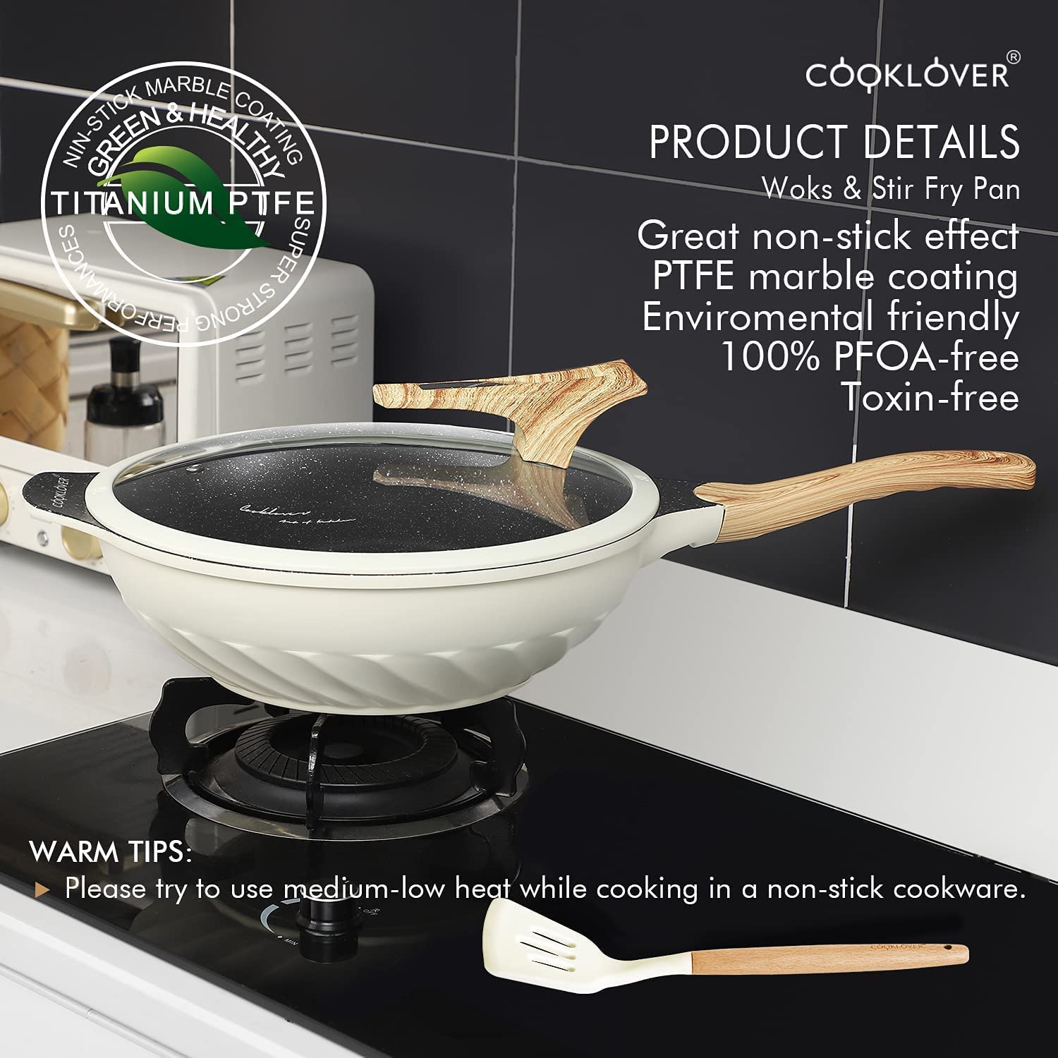 COOKLOVER Nonstick Induction Wok-12.6inch - White & 11 inch Nonstick Stir Fry Pan with Lid – White