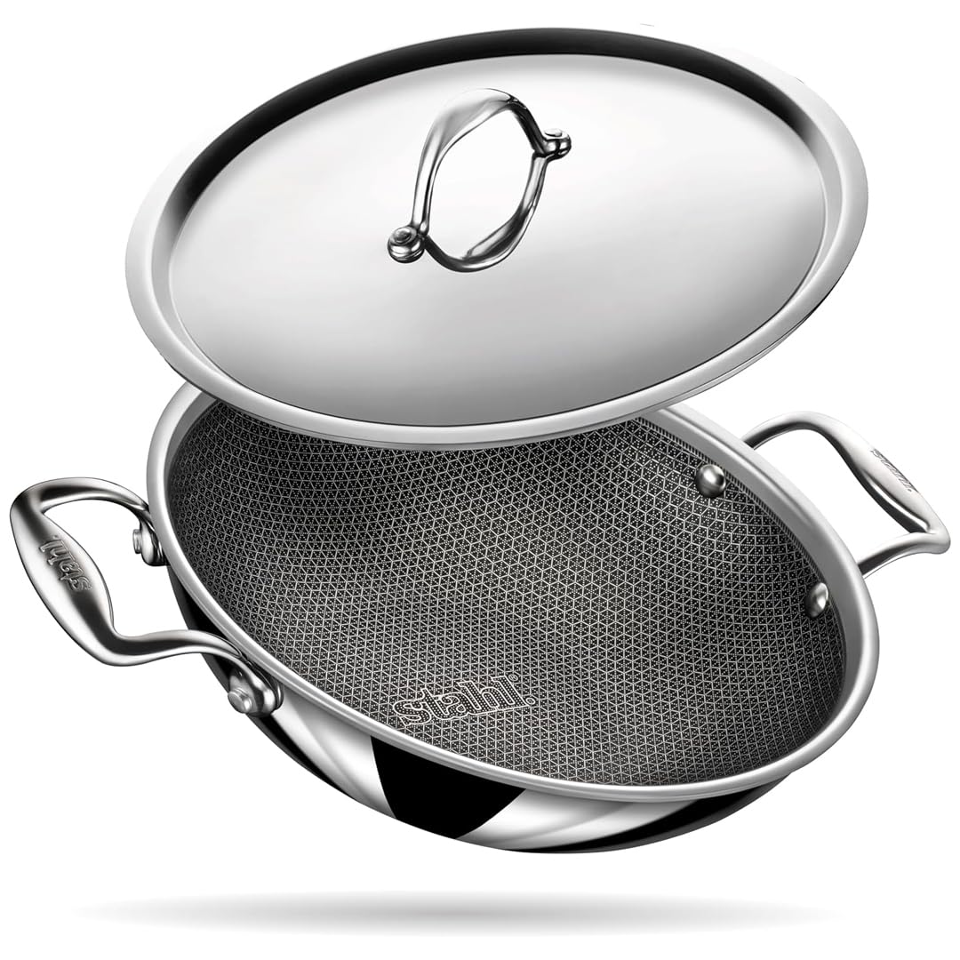 Stahl Triply Non Stick Kadai with Lid | Stainless Steel Kadai with Induction Base | Tri Ply Kadhai Scratch Resistant | Hybrid 6328, Dia 28cm, 4.4L (Serves 8 People)