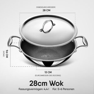 Stahl Triply Non Stick Kadai with Lid | Stainless Steel Kadai with Induction Base | Tri Ply Kadhai Scratch Resistant | Hybrid 6328, Dia 28cm, 4.4L (Serves 8 People)