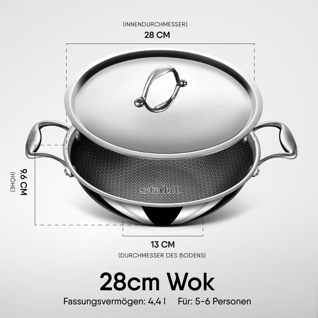 Stahl Triply Non Stick Kadai with Lid | Stainless Steel Kadai with Induction Base | Tri Ply Kadhai Scratch Resistant | Hybrid 6328, Dia 28cm, 4.4L (Serves 8 People)