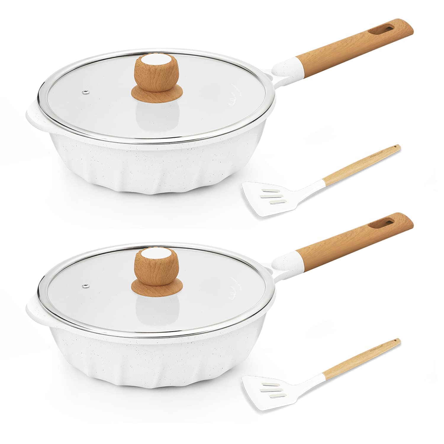 COOKLOVER Nonstick Frying Pan Induction Sauté Pan with Lid Pack-2-9.5 inch&11 inch- White