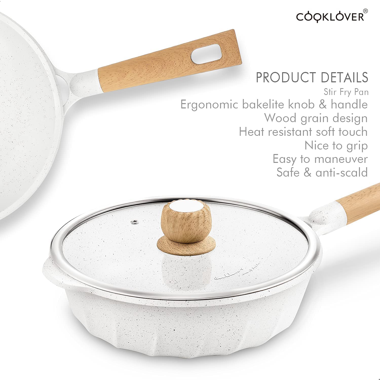 COOKLOVER Nonstick Frying Pan Induction Sauté Pan with Lid Pack-2-9.5 inch&11 inch- White