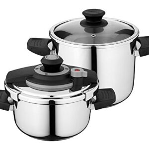 BergHOFF Essentials 18/10 Stainless Steel Set of 4pc Pressure Cooker Glass Cover 7.4 qt. & 4.2 qt. Silver Vita Stay-cool Handle Induction Cooktop Marked Measurement Quick-release