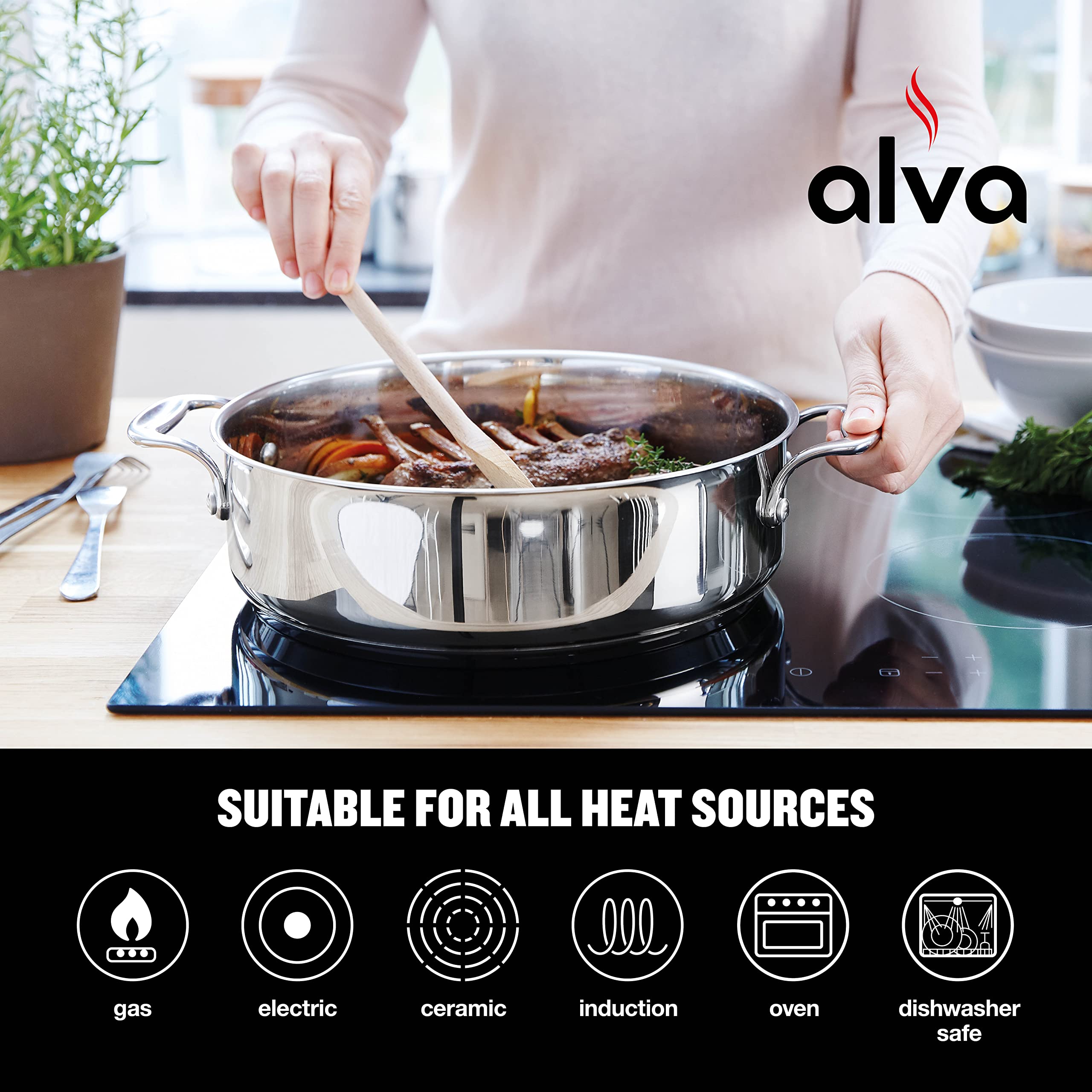 ALVA Chef Skillet 11", Frying Pan With Lid and 2 Side Handles, Electric Skillet, Stainless Steel Sauce Pan, Oven Safe Ceramic Pan, Induction Cookware Fry Pan, Dishwasher Safe Saute Pan