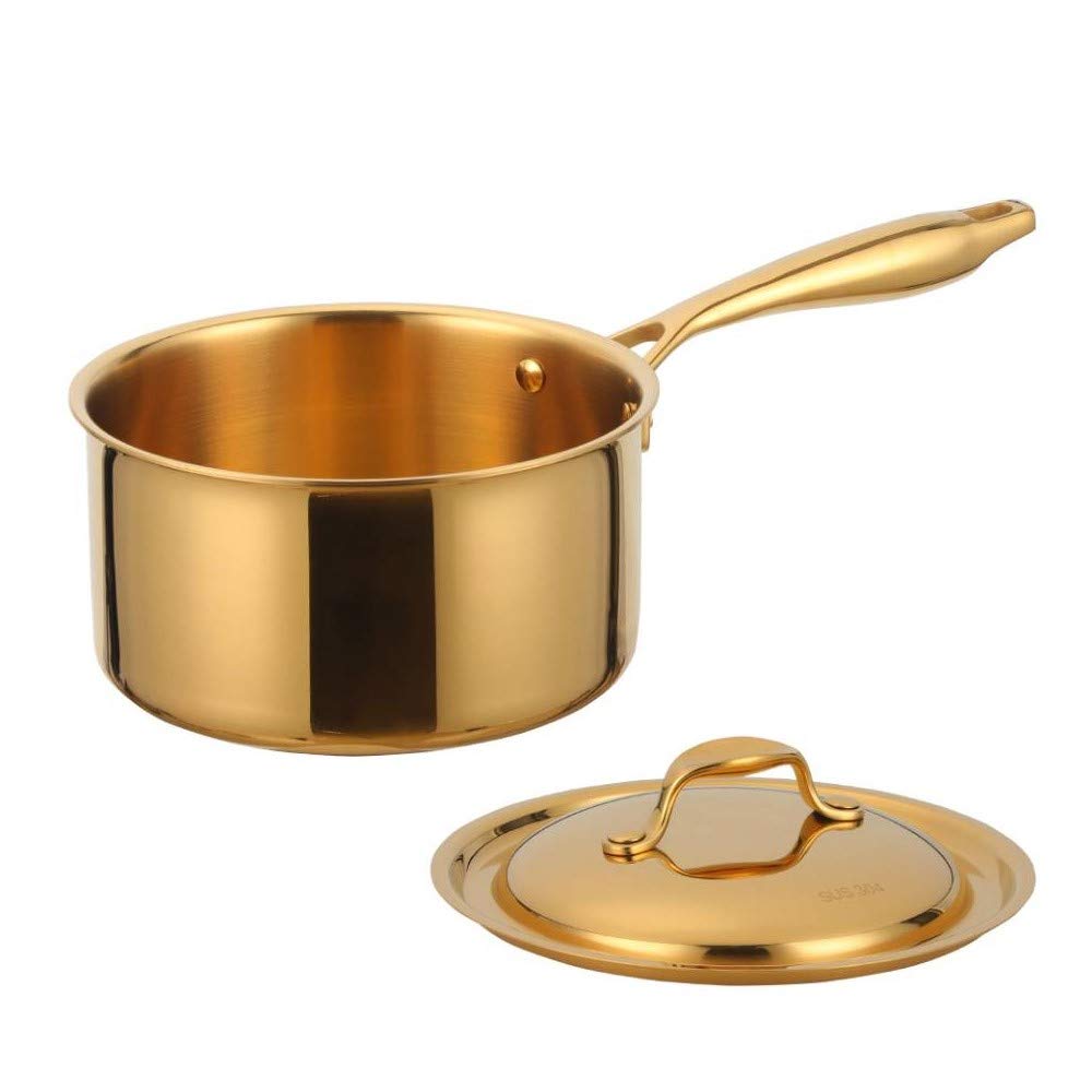 18/8 Stainless Steel Saucepan with Lid, 2.5 Quart Nonstick Sauce Pan, Small Pots for Cooking, Dishwasher Safe, Gold