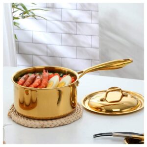 18/8 Stainless Steel Saucepan with Lid, 2.5 Quart Nonstick Sauce Pan, Small Pots for Cooking, Dishwasher Safe, Gold