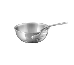 mauviel m'cook 5-ply polished stainless steel splayed curved saute pan with cast stainless steel handle, 1.1-qt, made in france