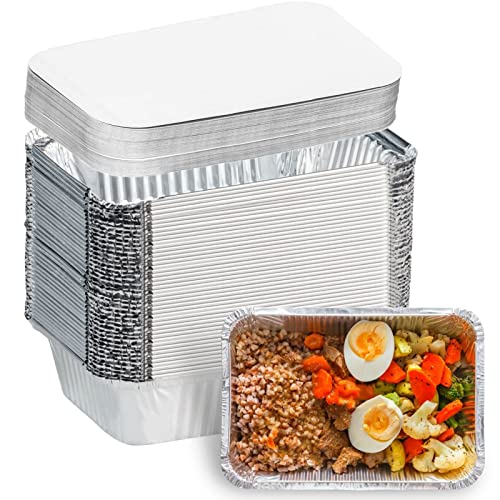 Aluminum Pans with Lids (50-Pack, 8.5"×6") 2.25 LB Capacity Foil Food Containers with Lids - 50 Pans and 50 Cardboard Covers - Disposable Tin Foil Pans - for Baking, Meal Prep and Freezer, Takeout