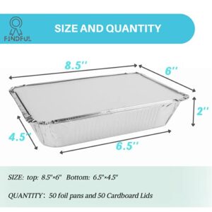 Aluminum Pans with Lids (50-Pack, 8.5"×6") 2.25 LB Capacity Foil Food Containers with Lids - 50 Pans and 50 Cardboard Covers - Disposable Tin Foil Pans - for Baking, Meal Prep and Freezer, Takeout