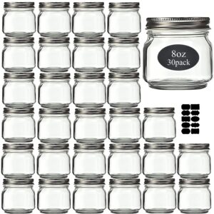rainforce small glass mason jars 8 oz 30 pack with silver lids -1/4 quart canning/ storage pickling jars for jelly, jam, honey, pickles and spice with free 30 chalkboard labels