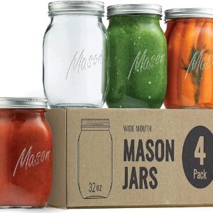 CAMDEPOSU Wide Mouth Mason Jars 32 oz - (4 Pack) Ball Quart With Airtight lids and Bands For Canning, Fermenting, Pickling, Freezing, Storage Glass jar, Microwave & Dishwasher Safe, Clear