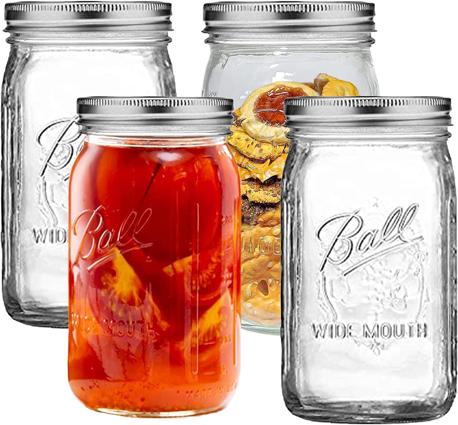 CAMDEPOSU Wide Mouth Mason Jars 32 oz - (4 Pack) Ball Quart With Airtight lids and Bands For Canning, Fermenting, Pickling, Freezing, Storage Glass jar, Microwave & Dishwasher Safe, Clear